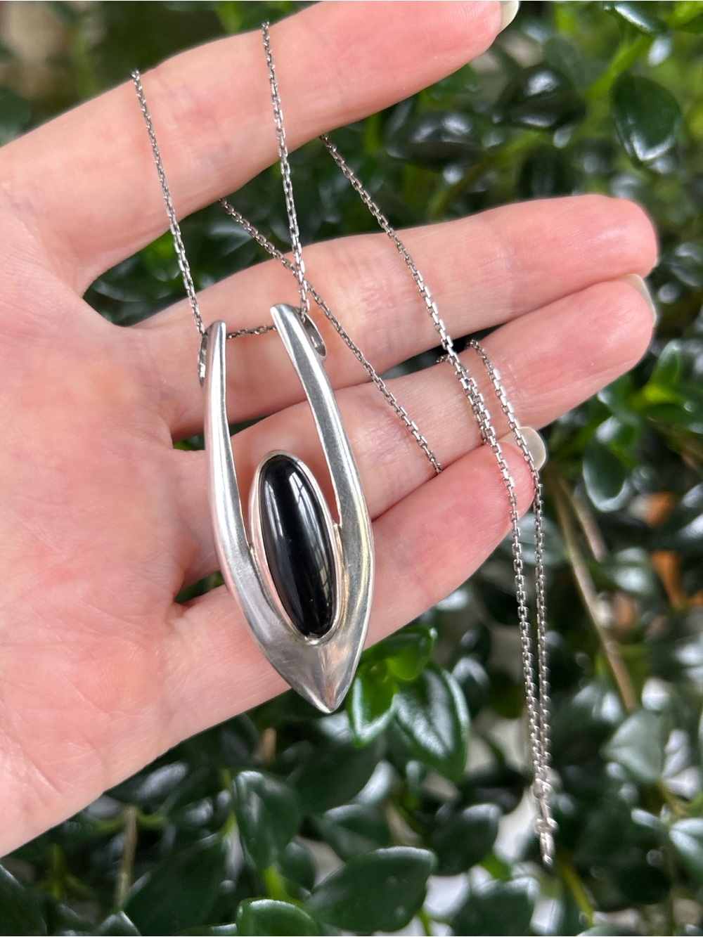 Vintage Sterling Silver Black Onyx Pendant Necklace